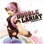  aira129 blue_eyes boots double_lariat_(vocaloid) headphones highres long_hair megurine_luka pink_hair skirt smile solo thighhighs vocaloid 