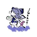  1girl blue_hair bonobono chibi cirno dress fairy frog hair_ribbon kamibukuro open_mouth ribbon romaji shimarisu_(bonobono) solo touhou translated 