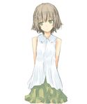  arms_behind_back bare_shoulders brown_eyes brown_hair green_eyes nabeshima_tetsuhiro original shirt short_hair sketch skirt sleeveless sleeveless_shirt solo thinking 