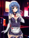  apron blue_hair breasts breasts_apart choker copyright_request elbow_gloves frills gloves heart maid_headdress medium_breasts neck_ribbon red_ribbon ribbon short_hair solo stem thighhighs waist_apron waitress white_gloves yellow_eyes zettai_ryouiki 