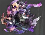  blonde_hair evil_smile gastly gen_1_pokemon gengar grey_background grin gym_leader haunter headband hiroko_(keshika) long_sleeves looking_at_viewer matsuba_(pokemon) pokemon pokemon_(creature) pokemon_(game) pokemon_hgss purple_scarf scarf simple_background smile smoke teeth upper_body 