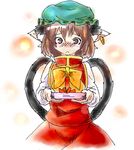  :&lt; animal_ears bad_id bad_pixiv_id blush bow brown_hair cat_ears cat_tail chen earrings gift hat heart heart_tail holding holding_gift jewelry lowres multiple_tails short_hair solo tail touhou yana_(nekoarashi) 