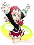  :d \o/ amitie_(puyopuyo) arms_up ascot beanie blonde_hair copyright_name cowboy_shot cropped_legs flipped_hair green_eyes hands hat open_mouth outstretched_arms pleated_skirt puyopuyo puyopuyo_7 puyopuyo_fever school_uniform short_hair skirt smile solo tessai 