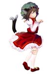  animal_ears brown_hair cat_ears cat_tail chen closed_eyes earrings hat highres jewelry multiple_tails paw_pose short_hair smile solo tail touhou yana_(nekoarashi) 