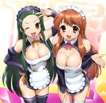  amane_(dream_c_club) amane_(dream_c_club)_(cosplay) apron asahina_mikuru bare_shoulders black_legwear breasts brown_eyes brown_hair cleavage cosplay detached_sleeves dream_c_club dream_c_club_(series) fang futaba_riho futaba_riho_(cosplay) gotou_yuuko green_hair large_breasts long_hair maid_headdress mole mole_on_breast multiple_girls neck_ribbon one_eye_closed revision ribbon seiyuu_connection suzumiya_haruhi_no_yuuutsu thighhighs tsuruya ueyama_michirou v very_long_hair white_legwear 