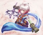  blue_shirt multicolored_hair pascal red_hair scarf shirt short_hair solo staff tales_of_(series) tales_of_graces tda two-tone_hair white_hair 