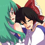  :t akatoro_(nightlord) hakurei_reimu hug kochiya_sanae multiple_girls touhou yuri 