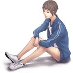  brown_eyes brown_hair gym_uniform hiratoki jacket kyon male_focus shoes sneakers solo suzumiya_haruhi_no_yuuutsu 