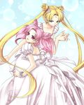  bishoujo_senshi_sailor_moon blonde_hair blue_eyes chibi_usa double_bun dress duplicate earrings gown holding_hands jewelry long_hair magical_girl mother_and_daughter multiple_girls pink_eyes pink_hair princess_serenity sailor_moon short_twintails tsukino_usagi twintails white_dress 