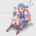  bandana blue_eyes boots brown_hair copyright_request dragon feathers highres long_hair midriff murayama_ryouta sitting skirt smile soft_focus solo 