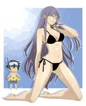  1girl adjusting_hair barefoot bikini black_hair chibi diving_mask genderswap genderswap_(mtf) grey_hair gundam gundam_00 innertube kasei_(4n0n0me) kneeling long_hair red_eyes setsuna_f_seiei shadow side-tie_bikini snorkel swimsuit tieria_erde 