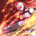  fire flame helmet is_ii kamen_rider kamen_rider_double kamen_rider_w male_focus solo staff upper_body weapon 