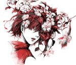  colored_eyelashes flower hair_flower hair_ornament hair_over_one_eye looking_afar looking_back meiko one-eyed overgrown plant popped_collar portrait red red_eyes red_hair red_lips simple_background sleeveless solo traditional_media upper_body vocaloid white_background yokan 