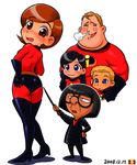  2boys 3girls :3 ass bob_parr bodysuit boots brown_eyes brown_hair costume dash_parr dated edna_mode elastigirl elbow_gloves family gloves height_difference helen_parr latex latex_gloves mochi-iri_kinchaku mr._incredible multiple_boys multiple_girls short_hair skin_tight the_incredibles thigh_boots thighhighs violet_parr 