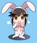  1girl :3 animal_costume animal_ears black_hair blush_stickers bow bunny_costume bunny_ears chibi costume hand_to_own_mouth heart love_plus mattaku_mousuke open_mouth ribbon simple_background smile solo takane_manaka 