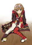  asymmetrical_clothes bad_id bad_pixiv_id breasts brown_hair goggles green_eyes hands legs mattaku_mousuke mismatched_footwear pen rita_mordio small_breasts tales_of_(series) tales_of_vesperia thighhighs 