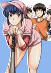  3girls baseball baseball_bat baseball_uniform blue_hair blush brown_eyes brown_hair character_request cholesenel girl_sandwich godai_yuusaku lovestruck maison_ikkoku multiple_girls otonashi_kyouko sandwiched sportswear 