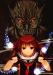  1girl bad_id bad_pixiv_id demon glowing glowing_eyes laco_soregashi original red_eyes red_hair school_uniform serafuku sword teeth weapon 