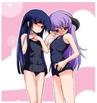  black_school_swimsuit blue_hair blush flat_chest furude_rika hanyuu higurashi_no_naku_koro_ni horns long_hair multiple_girls one-piece_swimsuit pee peeing peeing_self purple_eyes purple_hair red_eyes school_swimsuit swimsuit taiti 