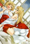  absurdres alcohol animal_ears blonde_hair blush bottle breasts cleavage copyright_request drunk dutch_angle fang feet green_eyes highres huge_filesize japanese_clothes kure_masahiro large_breasts long_hair miko multiple_girls pov_feet profile sake short_hair smile tiger_stripes tokkuri 