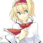  alice_margatroid bad_id bad_pixiv_id blonde_hair blue_eyes cravat face hairband hand_on_own_chest minoa_(lastswallow) simple_background smile solo touhou wind 