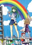  :p alternate_costume blonde_hair frog gin'ichi_(akacia) green_eyes green_hair hair_ornament hat highres kochiya_sanae moriya_suwako multiple_girls paint_can paintbrush painting rainbow school_uniform serafuku snake thighhighs tongue tongue_out touhou trim_brush 