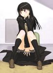  amagami ayatsuji_tsukasa black_hair black_jacket black_legwear blush convenient_arm covering covering_crotch embarrassed jacket kibito_high_school_uniform kneehighs long_hair long_sleeves sakamoto_mineji school_uniform sitting socks solo 