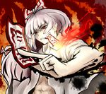  abs bow dress_shirt fire fujiwara_no_mokou grin hair_bow hair_ribbon long_hair muscle ofuda open_clothes open_shirt red_eyes ribbon shirt silver_hair slit_pupils smile smirk solo touhou white_hair white_shirt yana_(nekoarashi) 