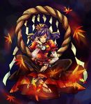  bonanza leaf maple_leaf purple_hair rope sandals short_hair solo touhou yasaka_kanako yellow_eyes 