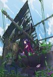  black_hair cannon fanta_guriipu flower highres long_hair nature original overgrown ruins scenery solo thighhighs 