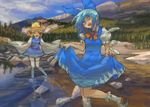  77gl cirno hands moriya_suwako multiple_girls oekaki short_hair skirt skirt_hold touhou wading water 