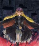  blonde_hair cape closed_eyes dress floating floating_hair glyph gradient_hair hijiri_byakuren long_hair multicolored_hair nakajimayou purple_hair scroll solo touhou 