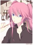  bad_id bad_pixiv_id banned_artist blue_eyes blurry chair depth_of_field eating food harano long_hair original pink_hair pocky solo strawberry_pocky table twintails upper_body 