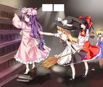  alice_margatroid barefoot black_hair blonde_hair book bow braid detached_sleeves doll hairband hakurei_reimu hat kirisame_marisa long_hair low-tied_long_hair luoluo multi-tied_hair multiple_girls patchouli_knowledge purple_hair short_hair side_braid touhou witch_hat 