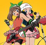  alternate_costume bandana bike_shorts blue_eyes character_name guitar haruka_(pokemon) hat hikari_(pokemon) instrument microphone microphone_stand multiple_girls pokemon pokemon_(game) pokemon_emerald pokemon_rse xilver100 yellow_background 