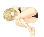  bare_legs barefoot black_bra black_panties blonde_hair bra feet graphite_(medium) green_eyes lingerie lying mixed_media nabeshima_tetsuhiro original panties sketch solo sports_bra traditional_media underwear underwear_only 