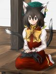  animal_ears bow brown_eyes brown_hair cat cat_ears cat_tail chen earrings fingernails hat jewelry multiple_tails short_hair solo tail touhou yana_(nekoarashi) 