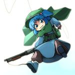  backpack bag blue_eyes blue_hair cape gloves gun hair_bobbles hair_ornament hat kawashiro_nitori pants parody short_hair shotgun solo sunabouzu touhou twintails two_side_up ugif weapon 