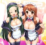  amane_(dream_c_club) amane_(dream_c_club)_(cosplay) asahina_mikuru bare_shoulders breasts brown_eyes brown_hair cleavage cosplay detached_sleeves dream_c_club dream_c_club_(series) fang futaba_riho futaba_riho_(cosplay) gotou_yuuko green_hair large_breasts long_hair maid_headdress md5_mismatch multiple_girls one_eye_closed seiyuu_connection suzumiya_haruhi_no_yuuutsu thighhighs tsuruya ueyama_michirou v very_long_hair 