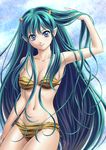  animal_print armpits bikini blue_eyes breasts cleavage green_hair highres horns large_breasts lipstick long_hair looking_at_viewer lum makeup mcq navel oni pointy_ears ribs skinny solo swimsuit tiger_print urusei_yatsura very_long_hair 