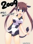  2009 animal_print blue_eyes blush brown_hair copyright_request cow_girl cow_horns cow_print ezakishii highres horns new_year one-piece_swimsuit school_swimsuit solo surprised swimsuit translated twintails 