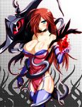  bad_id bad_pixiv_id banned_artist blue_eyes blush breasts choker cleavage elbow_gloves garter_belt gloves hair_over_one_eye large_breasts nyx queen's_blade red_hair s_tanly solo thighhighs 