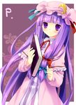 book hat long_hair patchouli_knowledge purple_eyes purple_hair ribbon solo tokira_nozumi touhou 