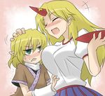  blonde_hair blush breast_envy breasts fang horn hoshiguma_yuugi large_breasts long_hair mizuhashi_parsee multiple_girls oro_(zetsubou_girl) pointy_ears short_hair touhou 