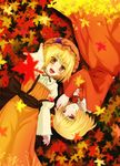  aki_minoriko aki_shizuha autumn blonde_hair hair_ornament hat highres leaf leaf_hair_ornament maple_leaf multiple_girls sakuyabm short_hair siblings sisters touhou 