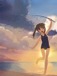  barefoot beach blue_eyes brown_hair child copyright_request ezakishii faux_traditional_media flat_chest happy one-piece_swimsuit school_swimsuit smile solo sunset swimsuit tanabata twig twintails water 