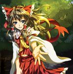  blue_eyes bow brown_hair detached_sleeves hair_bow hakurei_reimu nature navel outstretched_arm outstretched_hand ribbon sen_hisame smile solo touhou water wind 