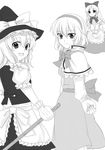  :d alice_margatroid blush capelet dress greyscale hairband hat holding kirisame_marisa long_hair monochrome multiple_girls n-mix open_mouth shanghai_doll simple_background smile touhou white_background witch_hat 