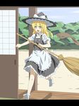  anime_coloring bad_id bad_pixiv_id blonde_hair bow braid broom hair_bow hat izumi_sai kirisame_marisa long_hair open_mouth ribbon running socks solo touhou yellow_eyes 