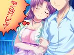  1girl 3: anger_vein angry aoi_matsuri arm_hug breasts closed_eyes game_cg highres jewelry koutaro large_breasts necklace purple_hair thought_bubble translated tropical_kiss 